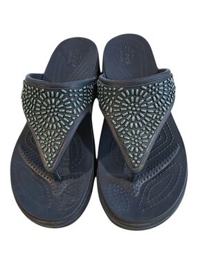 Crocs Monterey Diamante Wedge Flip Sandal Women's Size 10 Navy Blue